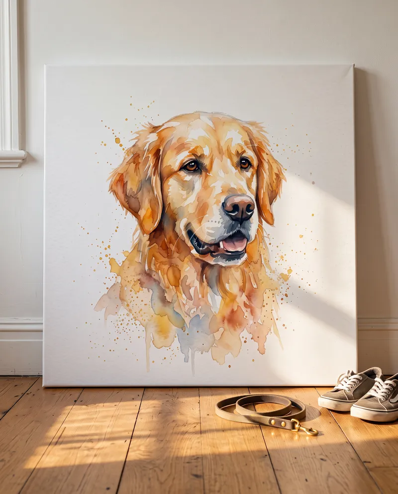 Watercolour Golden Retriever portrait on a stretched canvas