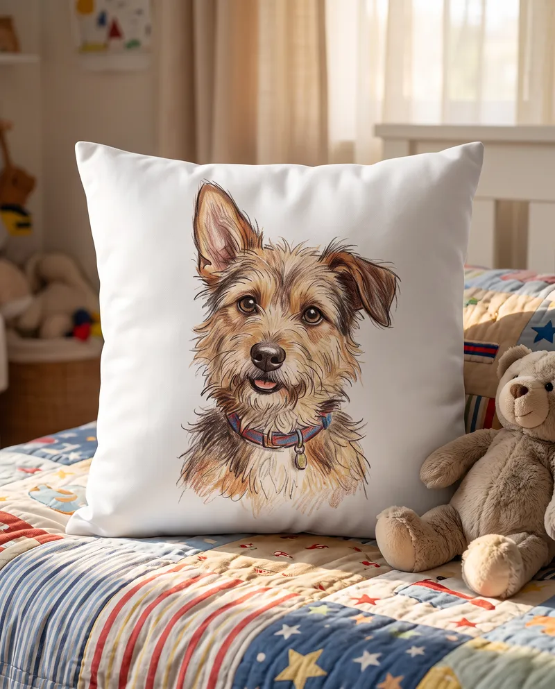 Crayon Storybook mixed-breed dog portrait on a cushion