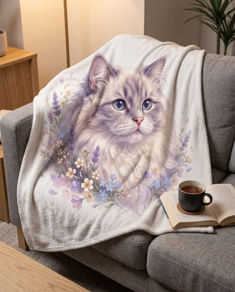 Dreamy Ragdoll cat portrait on a throw blanket